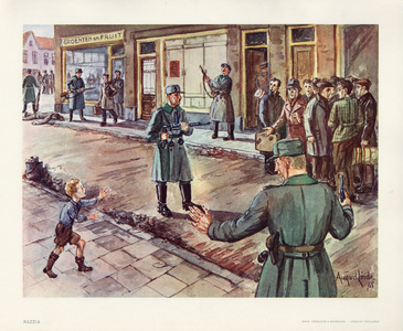 136051 Afbeelding van een razzia waarbij mannen worden opgepakt en bewaakt door Duitse soldaten tijdens de hongerwinter ...
